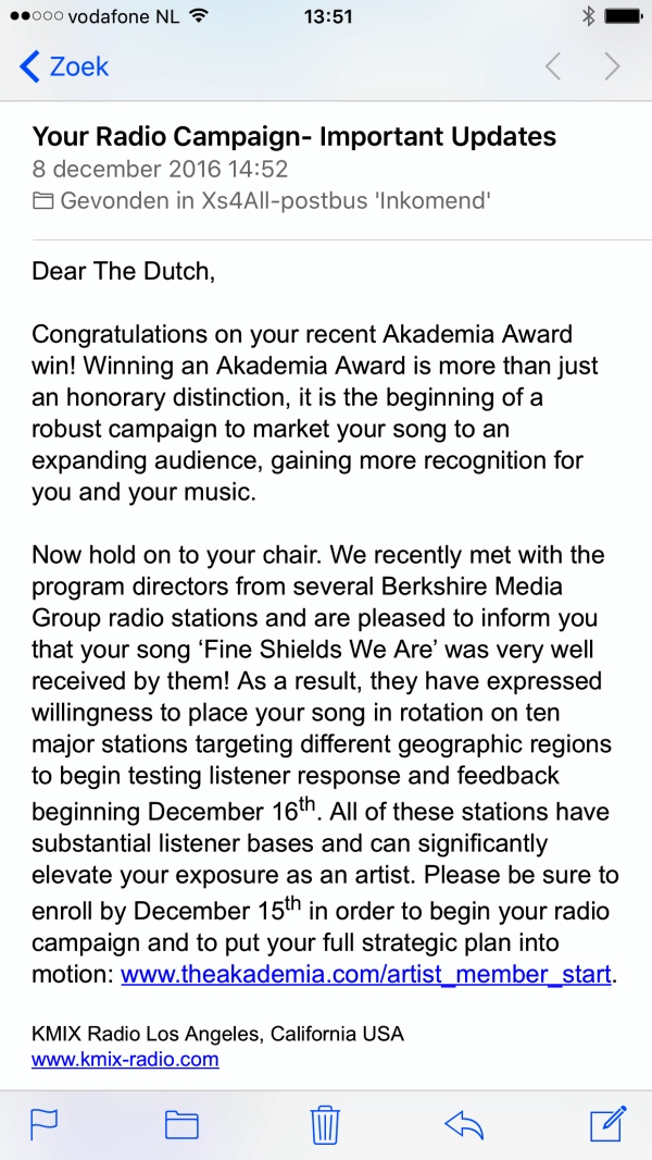 One of the fake e-mails The Akademia Team sent to The Dutch